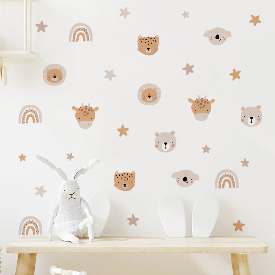 Boho Rainbow Bear Nursery Wall Decals | Cute Cartoon Animals & Stars Kids Room Stickers | Girls Bedroom Home Decor
