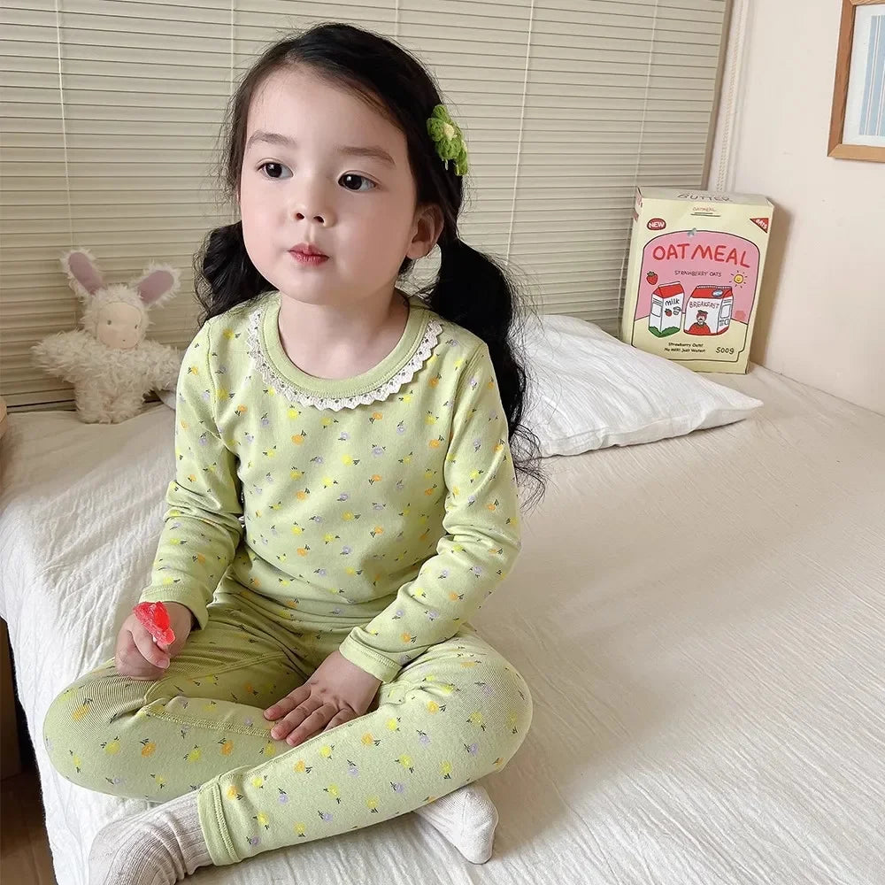 Girls' Floral Pajama Set – Soft Warm 2-Piece Spring & Autumn Baby Sleepwear