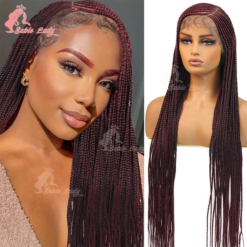36" Full Lace Cornrow Braided Wigs Synthetic Burgundy Red Knotless Box Braids Wig Godness Side Part Braided Wigs for Black Women