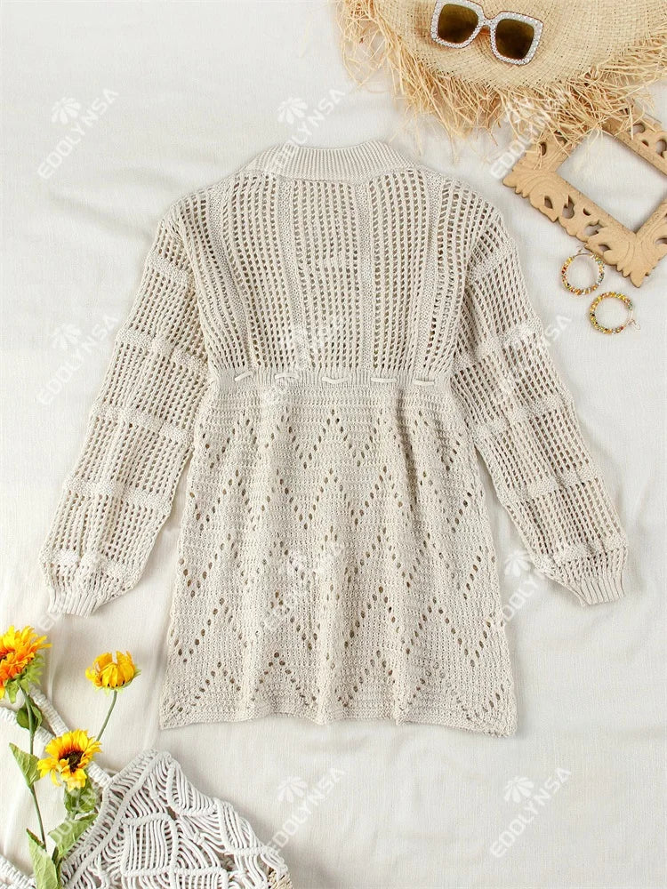 Sexy Deep V-neck Lace-up Bell Sleeve Knit Mesh Hollow Out Beach Mini Dress 2026 Summer Swimsuit Cover Up Women Casual Tunic K14