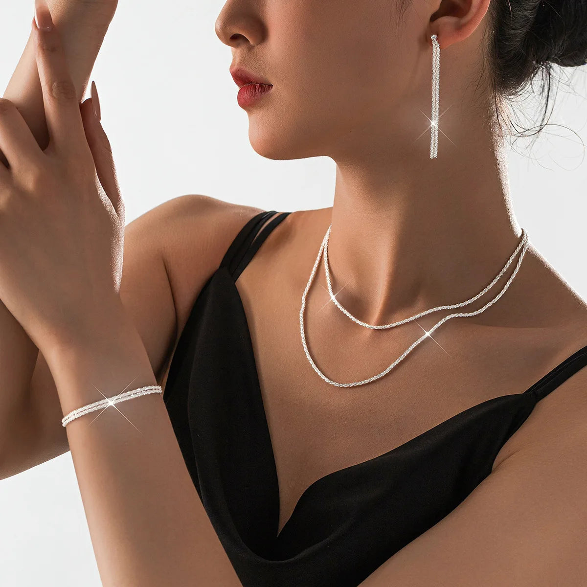 Silver Plated Starry Sky Collarbone Necklace & Bracelet Set – Women's Minimalist Jewelry