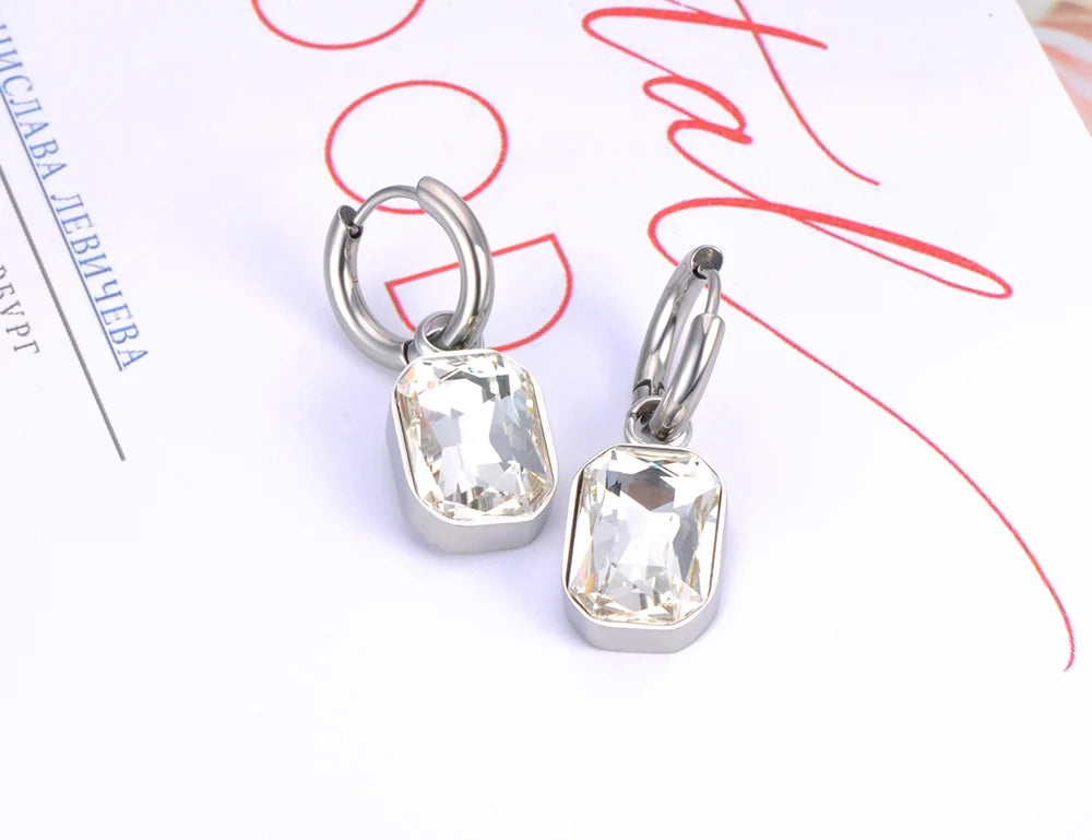 Lokaer Stainless Steel Geometric Square Hoop Earrings Sparkling Cubic Zirconia Crystal Earrings Jewelry For Women серьги E22115