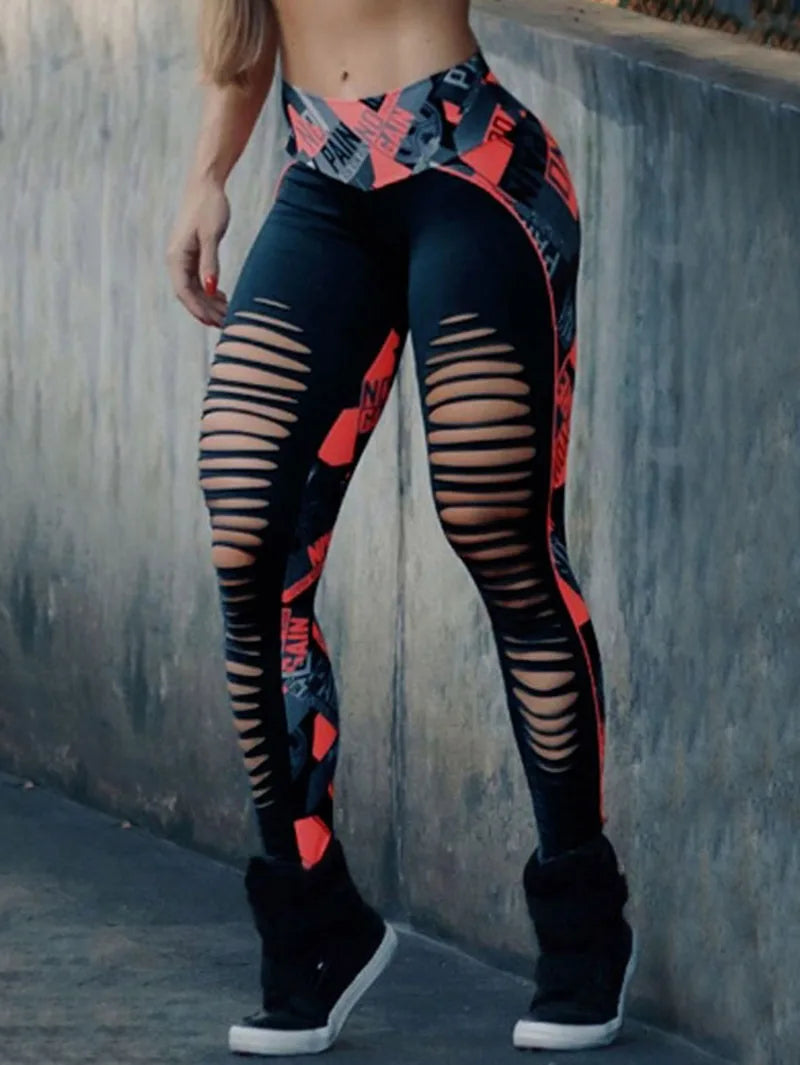 Women's clothing Fashion Wrap Printed Hollow Sports Leggings Printed Wrap Casual Pants Bottoms Sports Pants for Women Black
