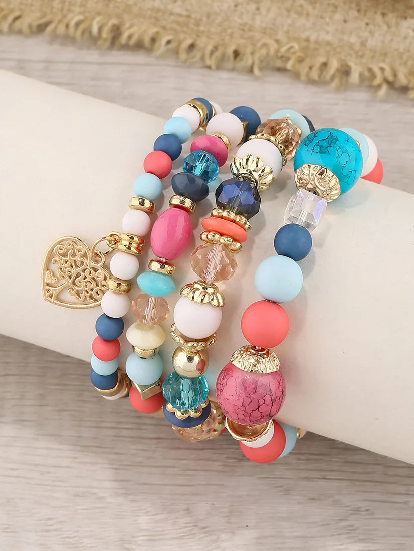 New Acrylic Beads Chain Bracelet Set For Women Tree Of Life Charm Elastic Bangle Female Bohemian Jewelry Accessories