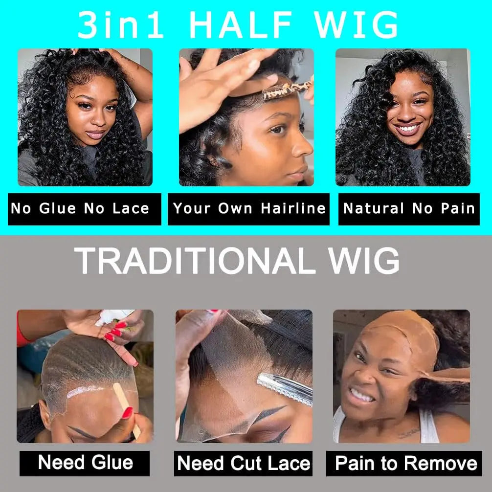 250% Density Deep Curly Half Wigs Human Hair Water Wave Wig Upgrade 3 IN 1 Half Wig With Drawstring Seamless Clip Ins Flip Over