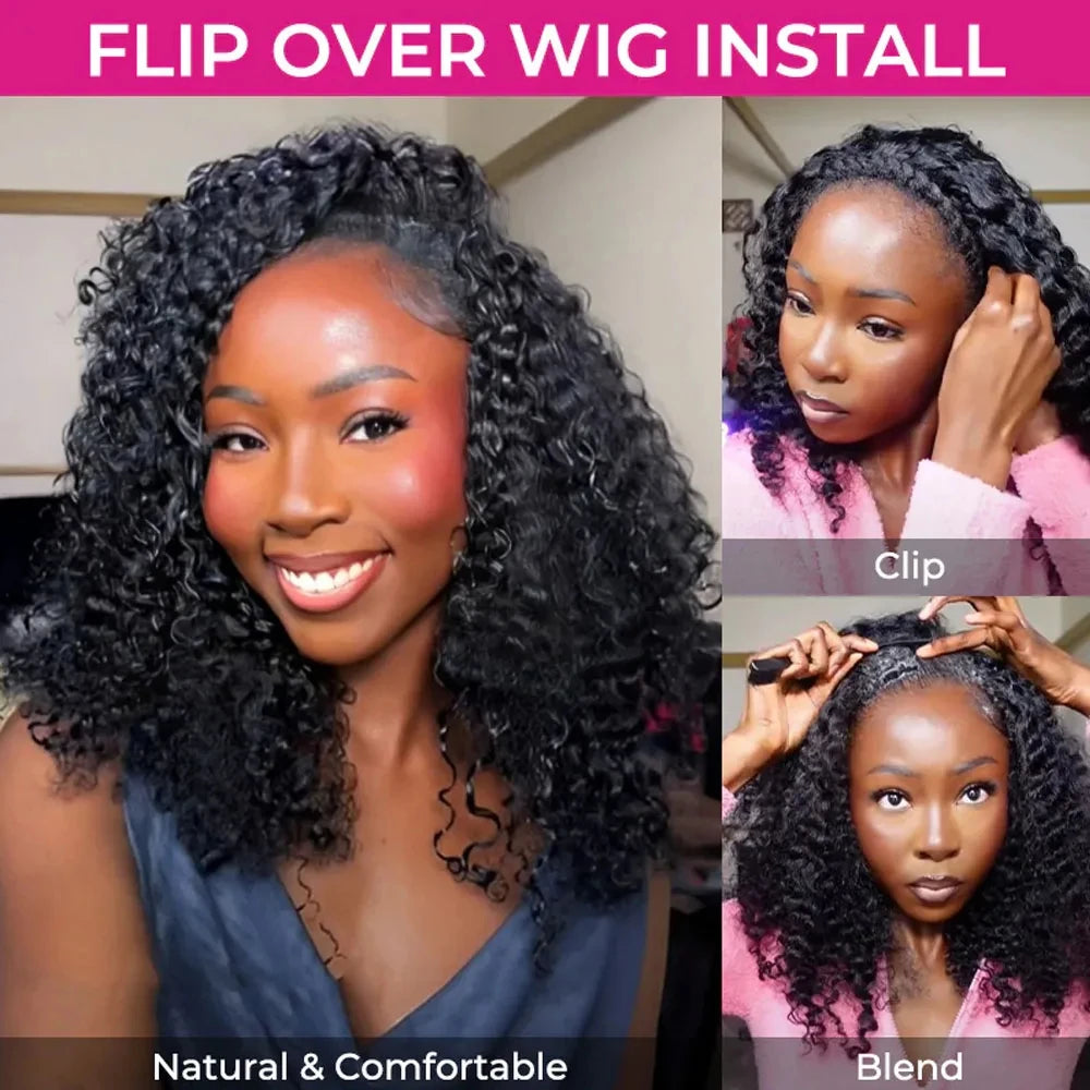 250% Density Deep Curly Half Wigs Human Hair Water Wave Wig Upgrade 3 IN 1 Half Wig With Drawstring Seamless Clip Ins Flip Over