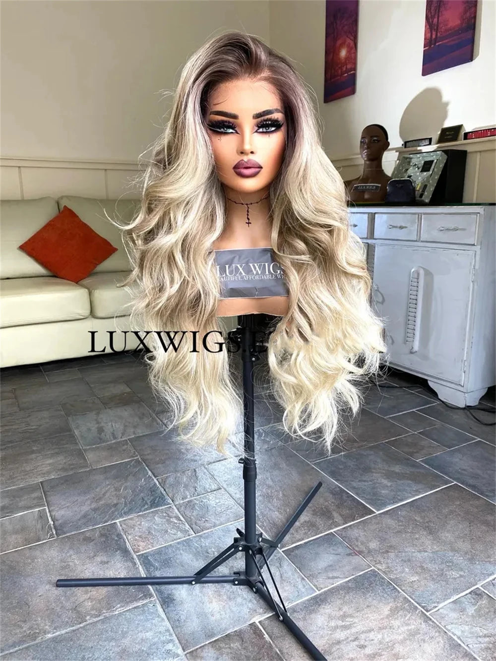Long Blonde Wig Thick Wavy Blonde Lace Front Wig with Light Brown Roots Balayage Synthetic Fibre Luxury Women Wigs Daily Use