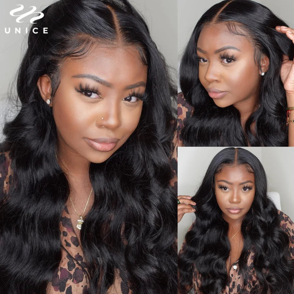 UNice Hair Upgrade Drawstring 13x4 Body Wave Human Hair Lace Frontal Wig Pre Cut Pre Bleached Pre Plucked Lace Wigs 150% Density