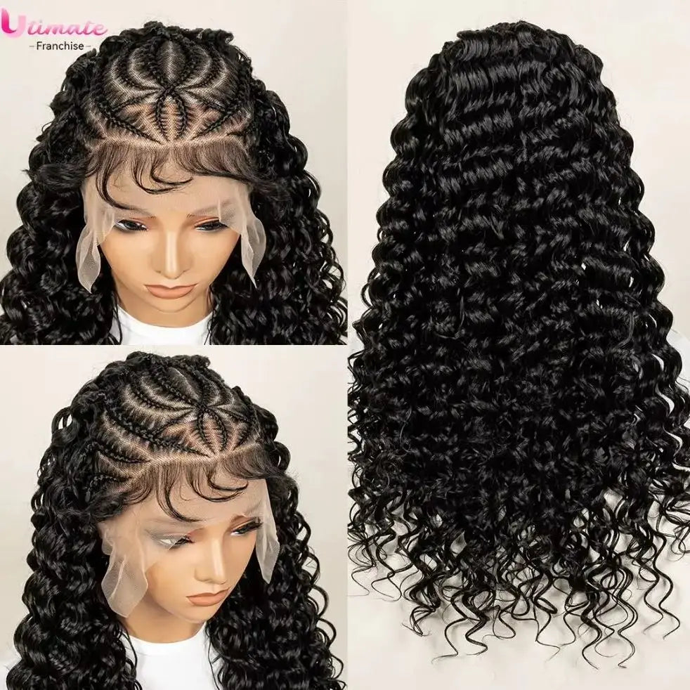 Pre-Styled Deep Wave Braided Wig | Swiss Lace | Baby Hair | Half Cornrow | Women's Braid Wig
