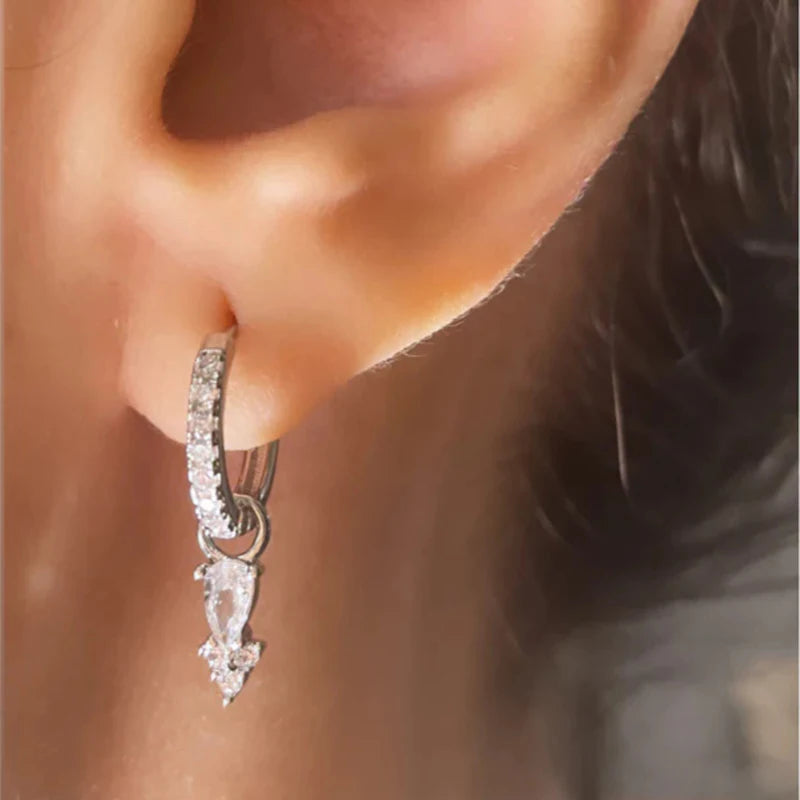 WOMEN 925 Silver Needle Water Drop Geometric Zircon White Zircon Crystal Flowers Pendant Hoop Earrings Fashion Wedding Jewelry