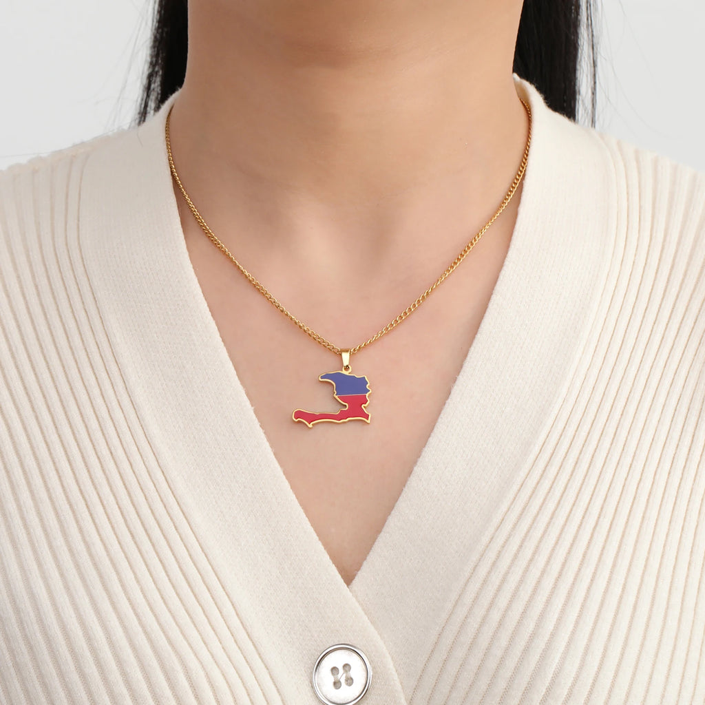Haiti Flag Map Pendant Necklace – Stainless Steel Haitian Pride Jewelry for Men & Women
