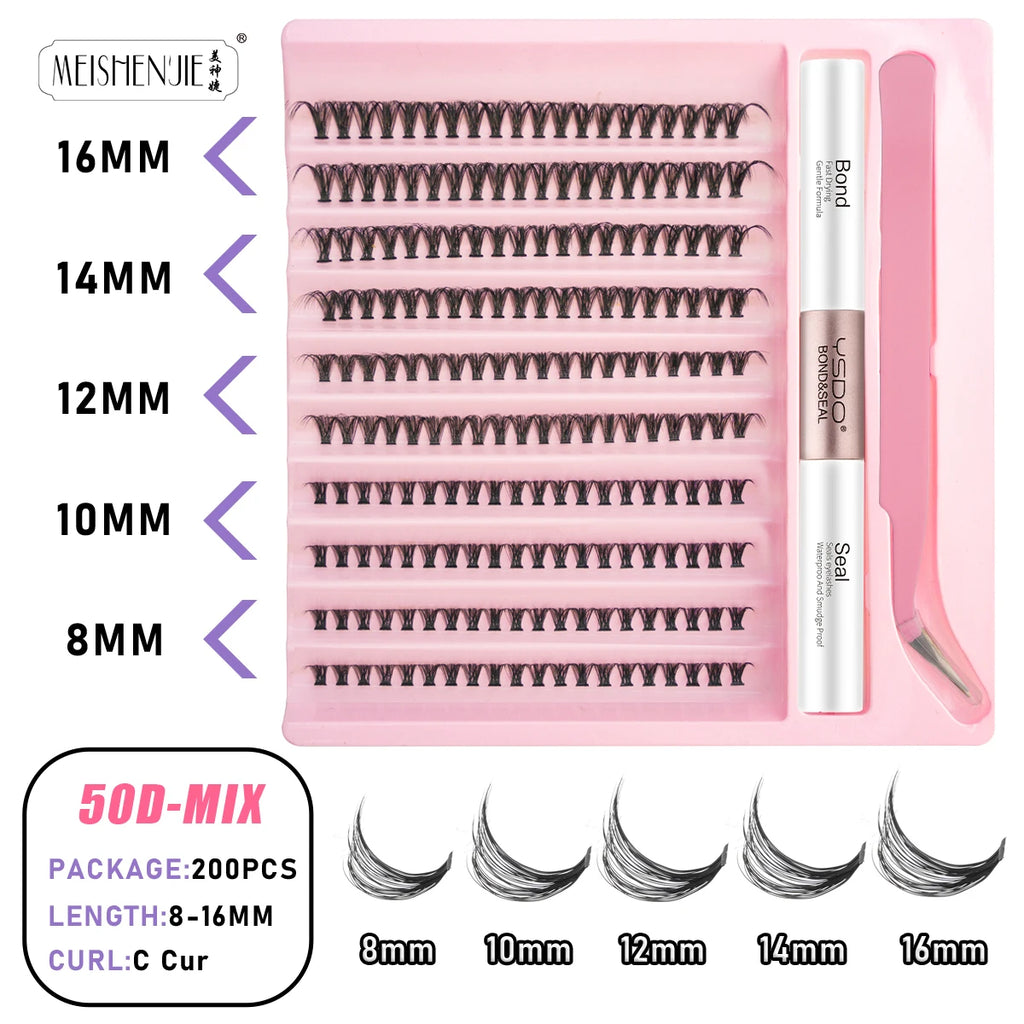 New 10Rows Individual Lashes Kit Natural Long DIY Cluster Eyelashes with Lash Bond and Seal Extension Kit Makeup Tools Faux Cils