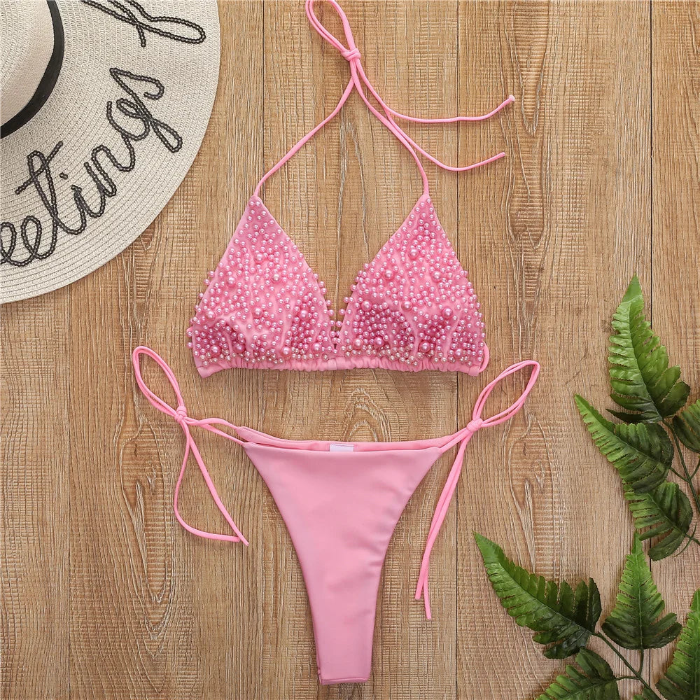 Pearl Bikini String Thong Swimsuit – Y2K Kawaii Two-Piece Swimwear