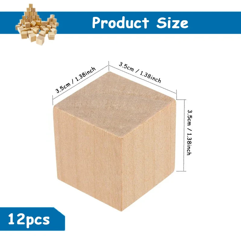 Unfinished Wood Cubes for Crafts | 12pcs 3.5cm Natural Pine Square Blocks | DIY Painting, Decor & Party Projects