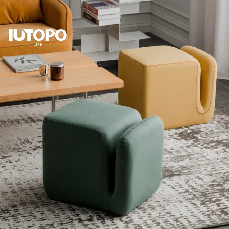 Nordic Hallway Pouf Ottoman – Fabric Shoe Changing Stool with Book Storage