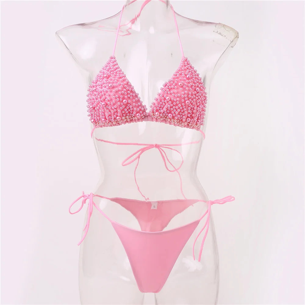 Pearl Bikini String Thong Swimsuit – Y2K Kawaii Two-Piece Swimwear