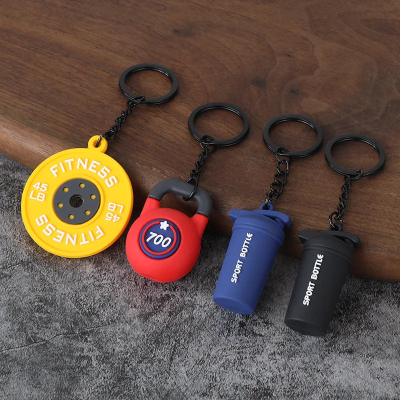 3D PVC Sports Fitness Pendant Mini Barbell Plates Keychain Kettlebells Water Cups Simulation Dumbbell Keyring Creative Bag Charm
