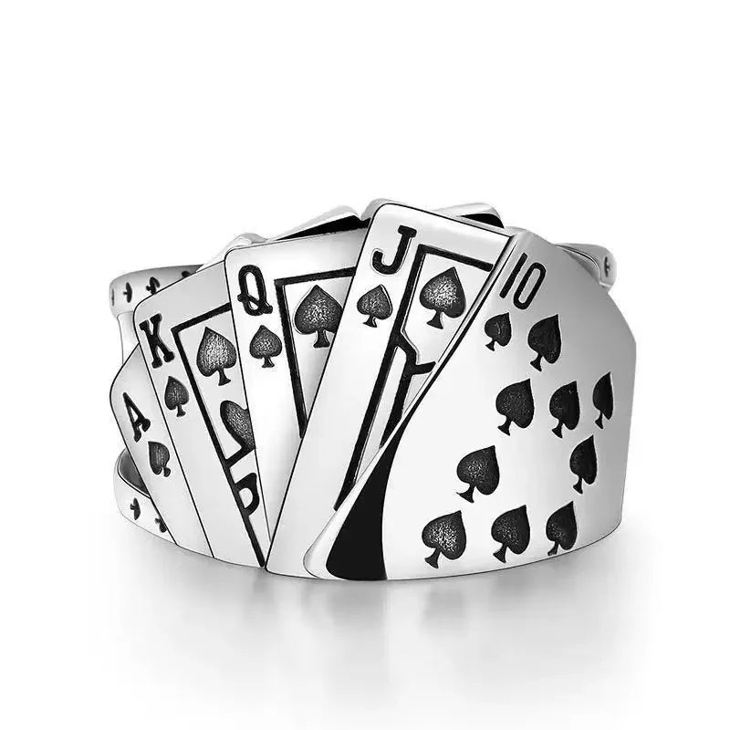 1PCS Aimple And Fashionable Retro Adjustable Poker Card Men's And Women's Antique Silver Ring, Suitable For Daily Party Wear