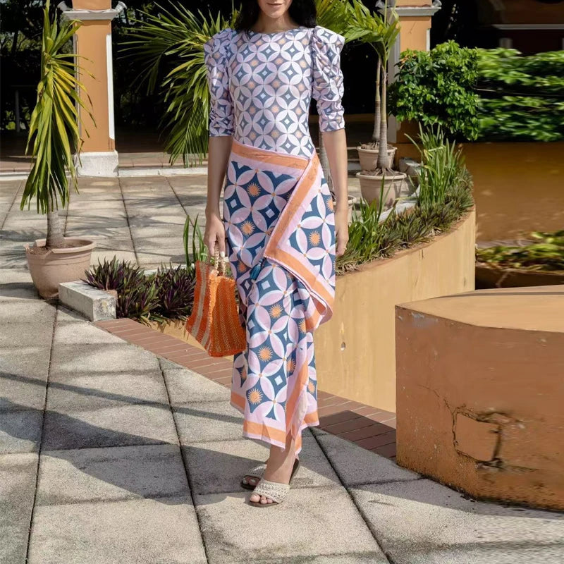 2025 New Pattern Printed Bathing Bikini Dresses Casual O Neck Long Sleeved Slim Fit Beachwear Summer Bohemian Lace Up Swimsuit