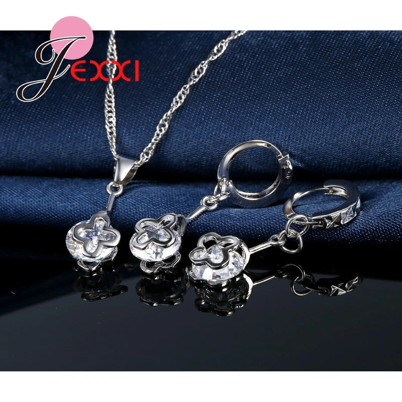 925 Sterling Silver Wedding Jewelry Set – Austrian Crystal Hollow Necklace & Dangle Earrings