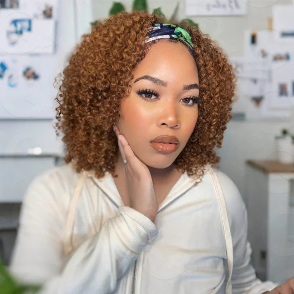 Auburn Brown Color 3 IN 1 Kinky Curly Half Wig Human Hair Clip-in Upgrade Glueless Wig Machine Made Invisible Hairline