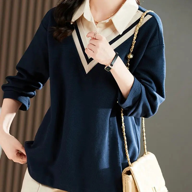 Women's Clothing 2022 Solid Loose T-Shirts Turn-down Collar Button Patchwork Autumn Winter Thin Preppy Style Casual Comfortable