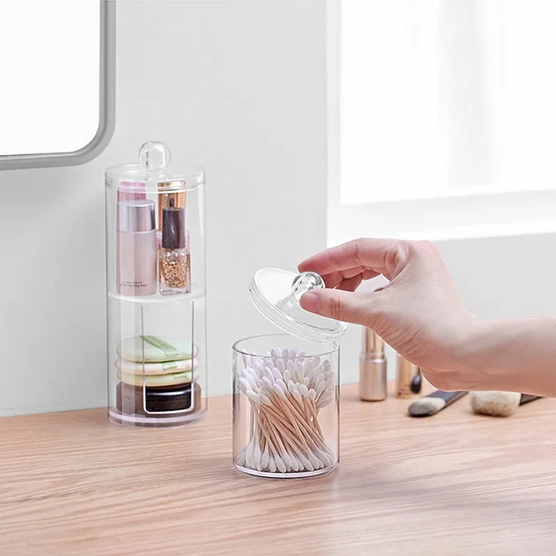 Acrylic Storage Box Bathroom Jar Makeup Organizer Cotton Round Pad Holder Cotton Swab Box Qtip Holder Dispenser with Bamboo Lid