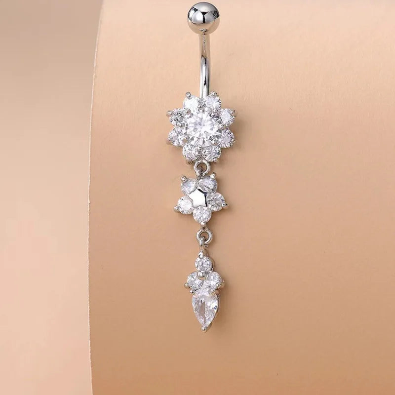 1Pc Stainless Steel Crystal Zircon Belly Button Rings, Piercing Women Navel Fashion Body Jewelries