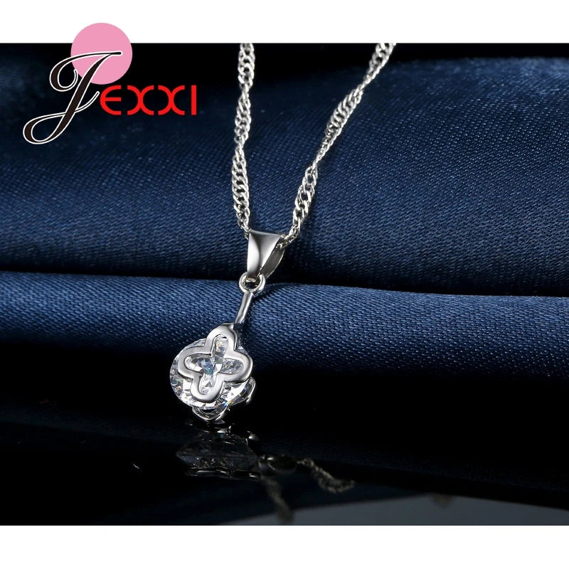 925 Sterling Silver Wedding Jewelry Set – Austrian Crystal Hollow Necklace & Dangle Earrings