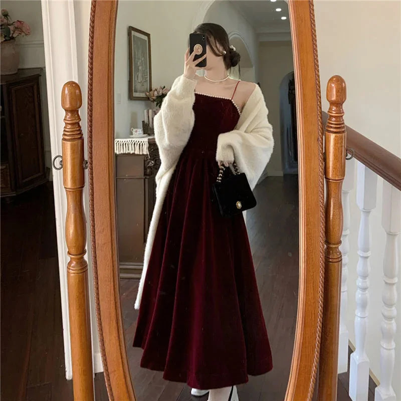 Velvet Dress Hepburn Long Skirt Women Clothing Party Dresses Vestido Dress
