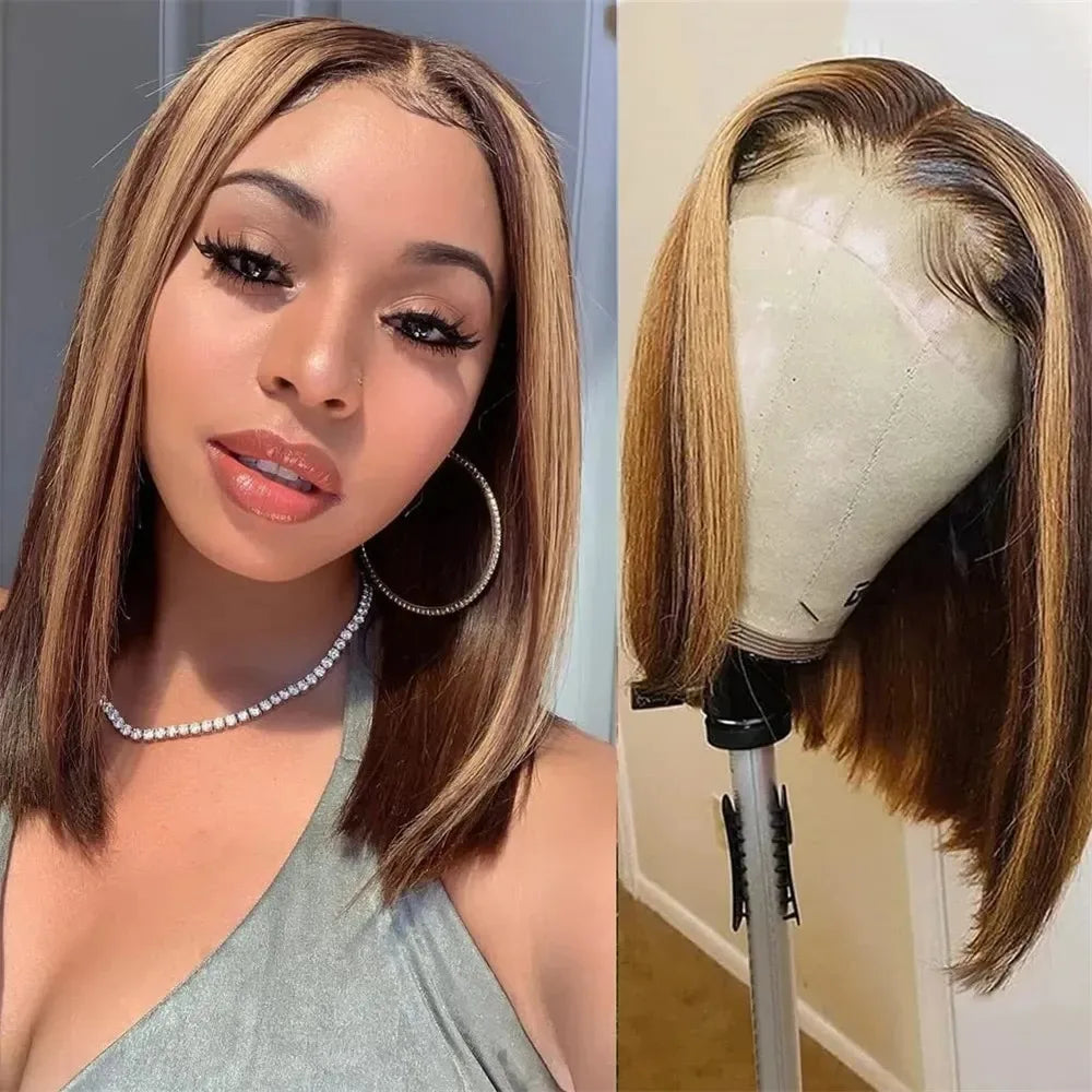 13x4 HD Short Ombre Blonde Wig Straight Bob Lace Front Wig Pre Plucked Synthetic Short Lace Frontal Wig Glueless Daily Cosplay