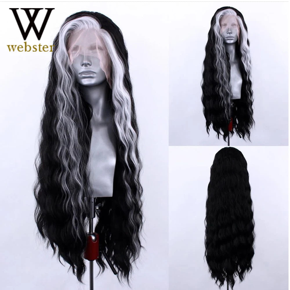 Webster Black Wigs White Highlight Synthetic Wig Pre Plucked Synthetic Lace Front Wigs For Women Loose Wave Lace Frontal Wig