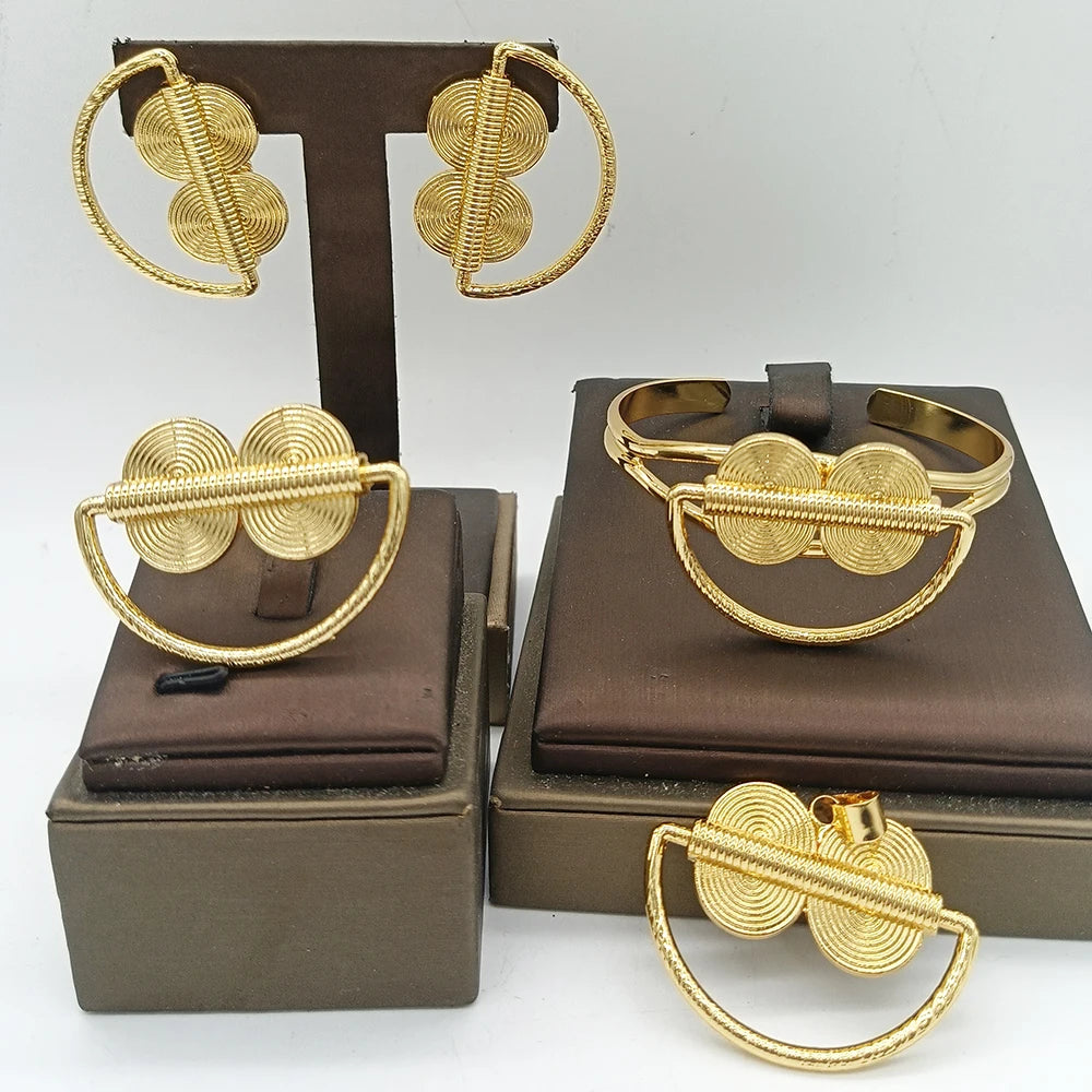 African Map Bridal Jewelry Set – 4-Set Luxury Gold Pendant Earrings, Bangles & Ring for Weddings