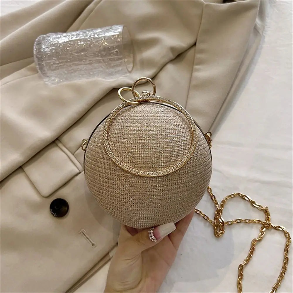 Gold Bright Silk Circular Evening Bag Women Banquet Clutch Rhinestone Decor Chain Shoulder Bags Luxury Female Party Handbags