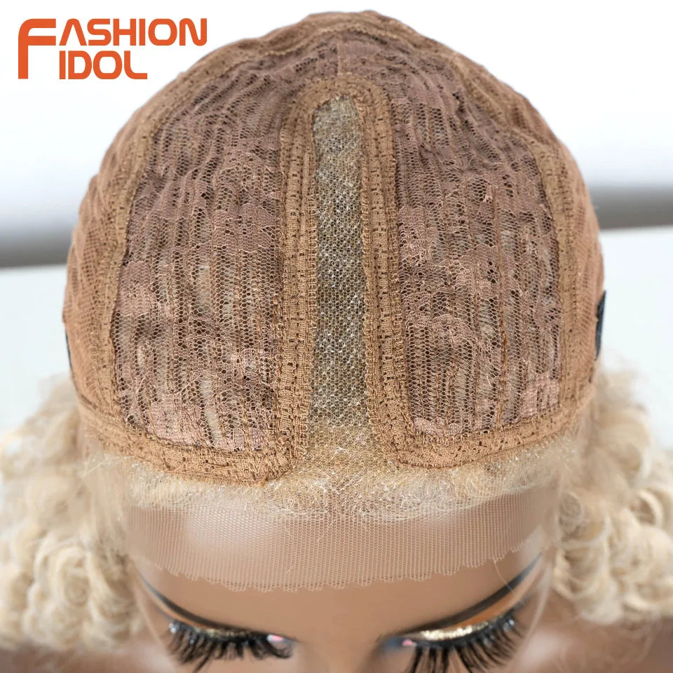 FASHION IDOL 30 inch Afro Kinky Curly Lace Wig Synthetic With Baby Hair High Temperature Fiber Ombre Blonde Lace Wigs For Women