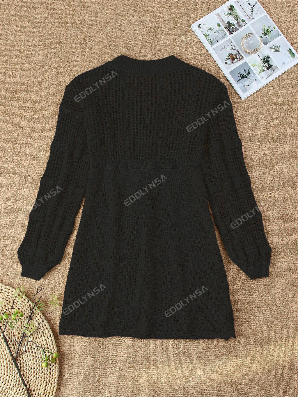 Sexy Deep V-neck Lace-up Bell Sleeve Knit Mesh Hollow Out Beach Mini Dress 2026 Summer Swimsuit Cover Up Women Casual Tunic K14