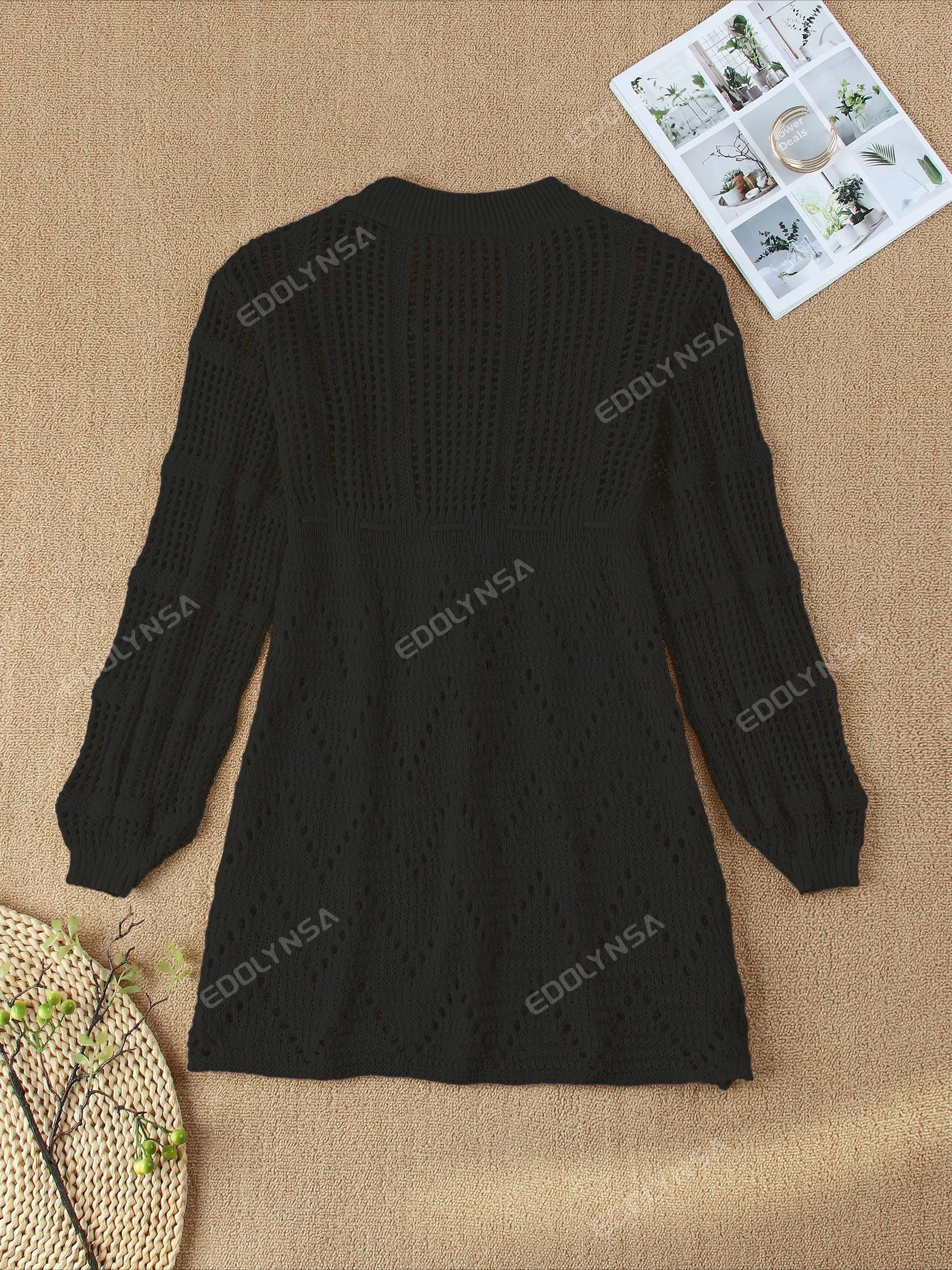 Sexy Deep V-neck Lace-up Bell Sleeve Knit Mesh Hollow Out Beach Mini Dress 2026 Summer Swimsuit Cover Up Women Casual Tunic K14