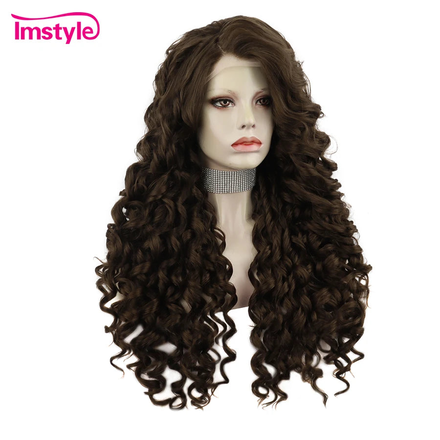 Imstyle Synthetic Lace Front Wig Curly Hair Brown Wigs For Women Heat Resistant Fiber Red Black Long Lace Wig Cosplay Daily Wig