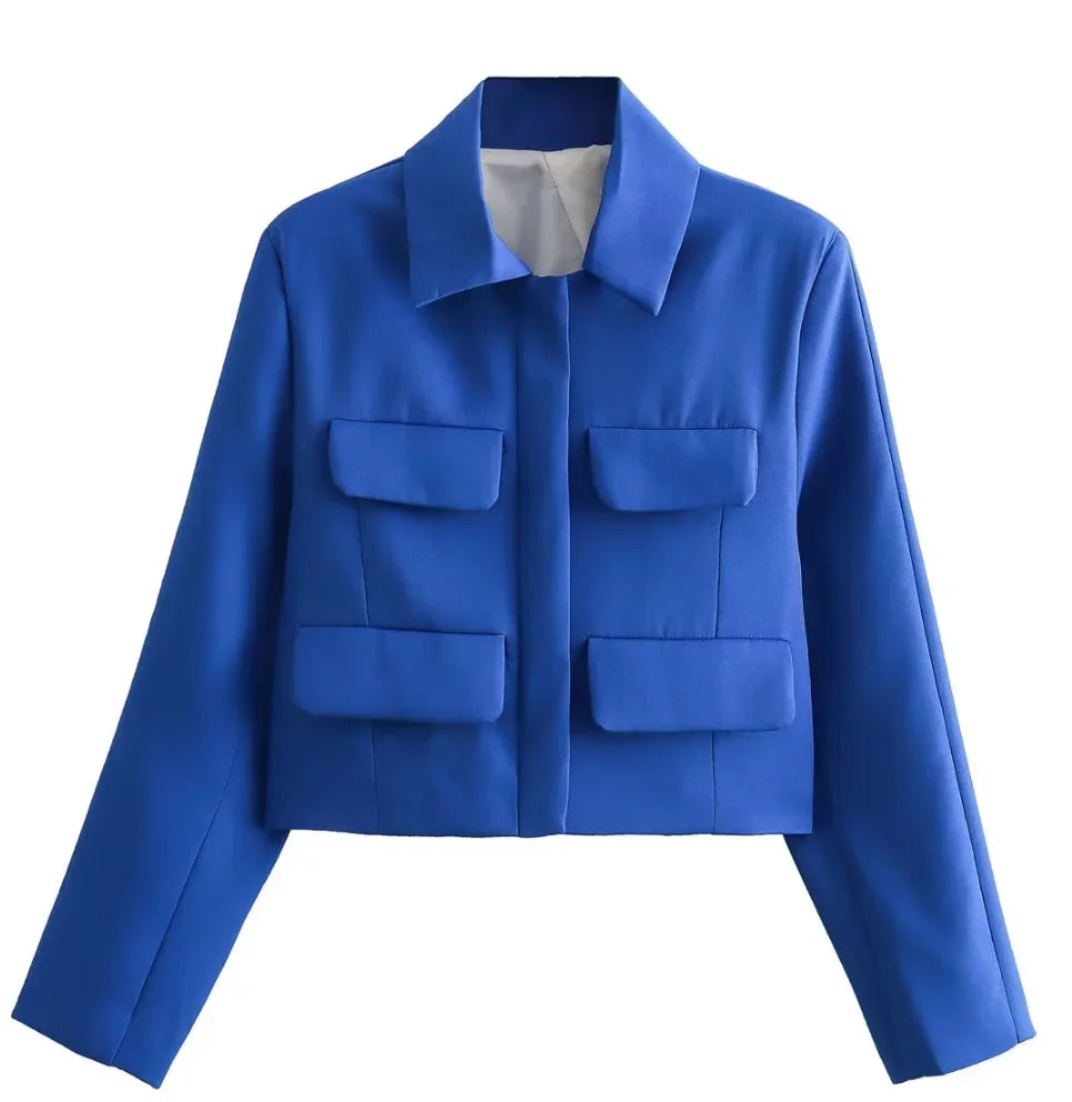 Women's Solid Office Jacket – Long Sleeve Button Coat with Pockets