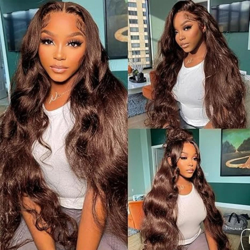 Body Wave Chocolate Brown Lace Front Wig Human Hair 220 Density Frontal Lace Wigs 30 Inch 13x6 HD Transparent Lace Human Wigs