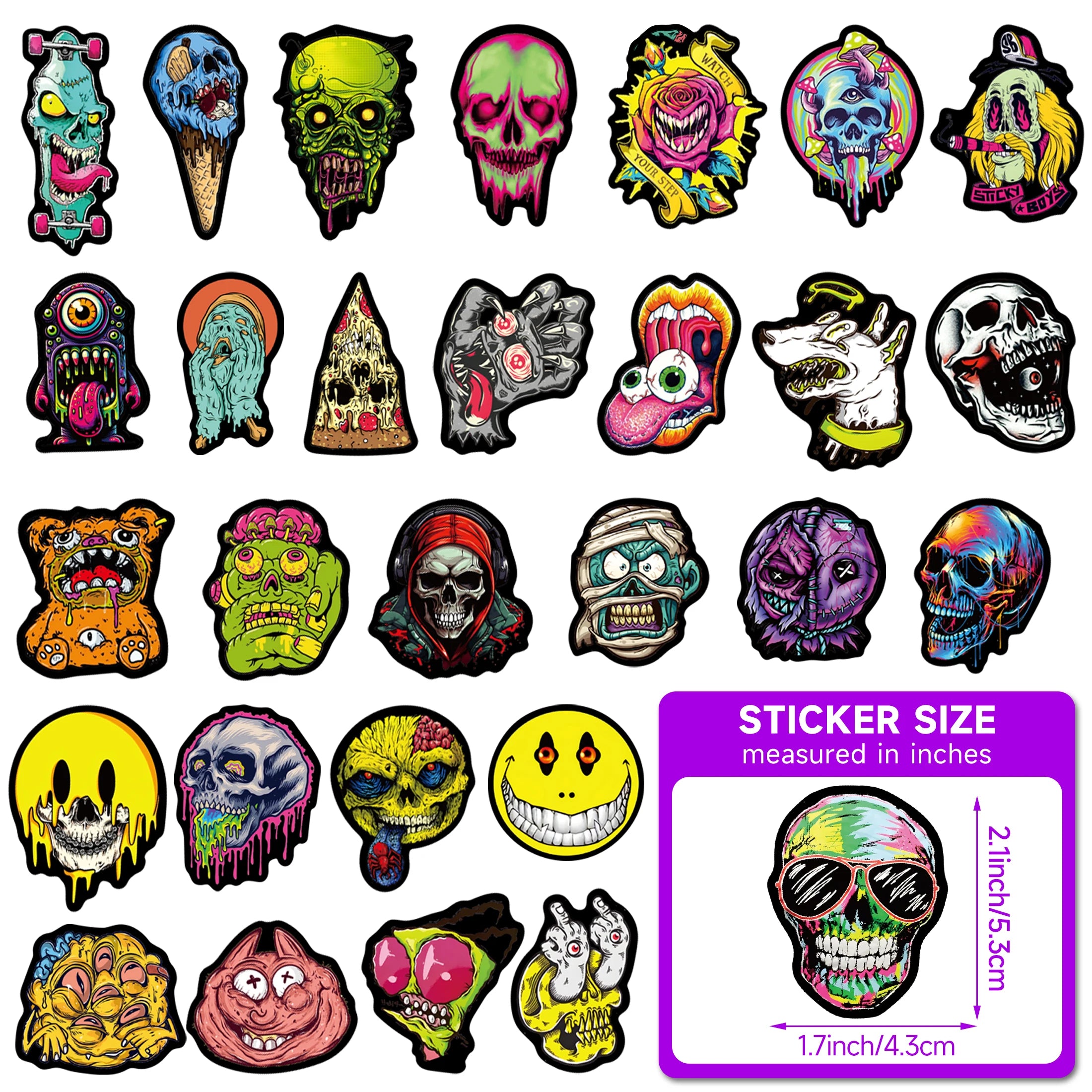 Glow in the Dark Skull Stickers | 52pcs Horror Luminous Waterproof Decals | Water Bottle, Wall Art & Home Decor