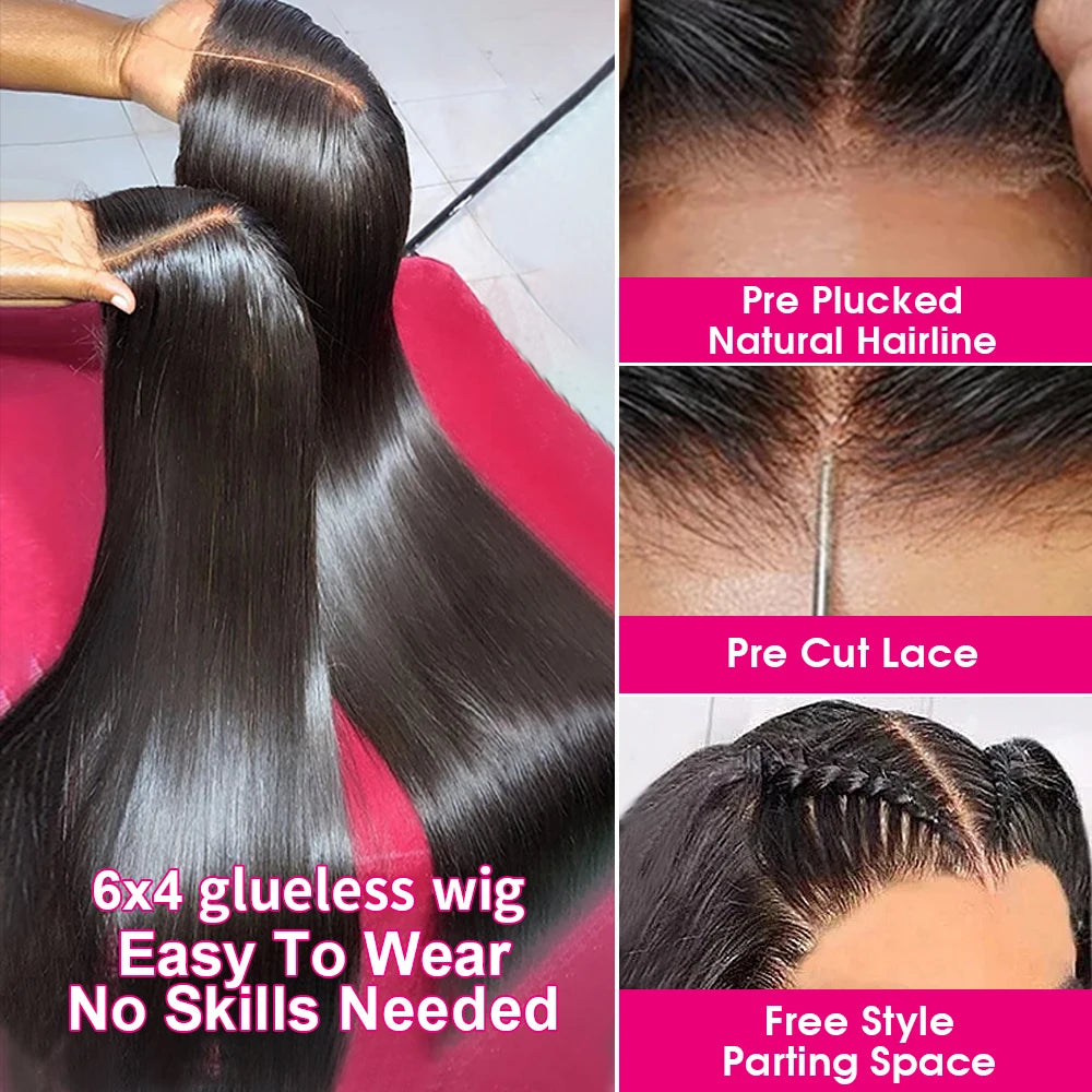 Wear Go 32 34inch 6x4 Bone Straight Glueless Wig 4x4 Human Hair Ready To Wear Brazilian Lace Frontal Wigs For Women Preplucked