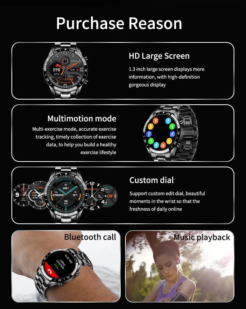 LIGE Men's Bluetooth Smartwatch – Full Touch Steel Sports Watch, IP67 Waterproof