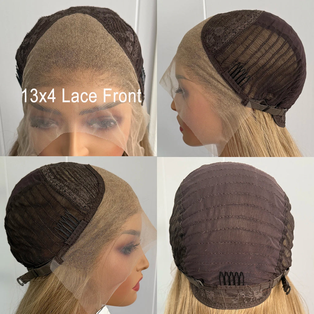 Blonde Highlights Lace Front Wig 13x4 Synthetic Long Silky Straight Wig for Women Mix Color Natural Looking Daily Wear Wigs