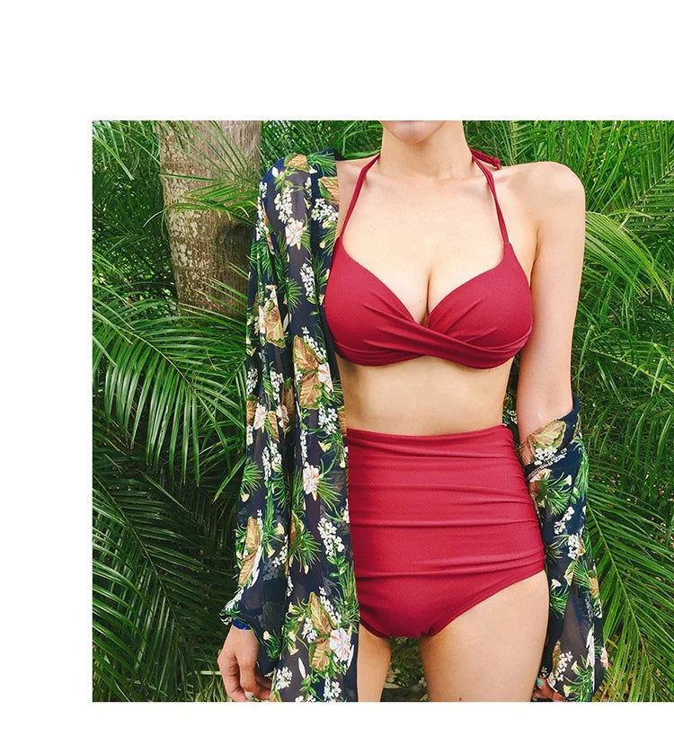 2024 Women's Swimwear Female Swimsuit Red Padded Triangle Bathing Suits Girls Korean High Waisted Bikini Set Beach Wear Swim