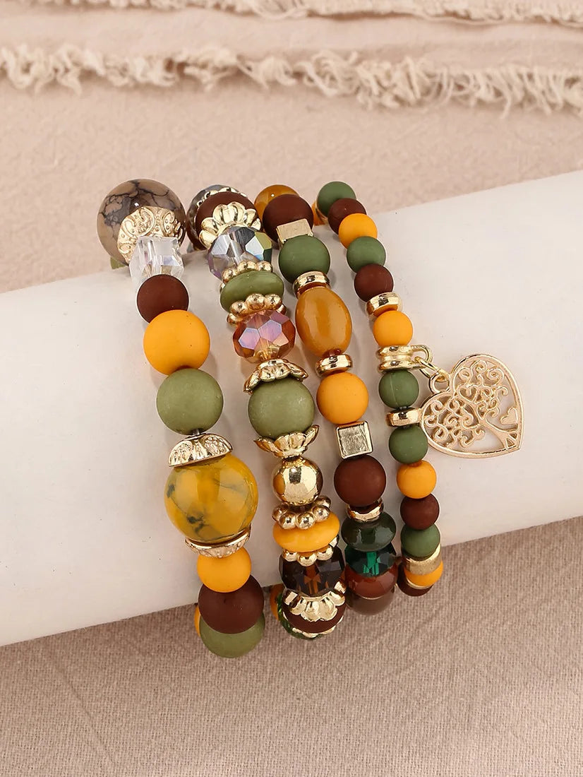 New Acrylic Beads Chain Bracelet Set For Women Tree Of Life Charm Elastic Bangle Female Bohemian Jewelry Accessories