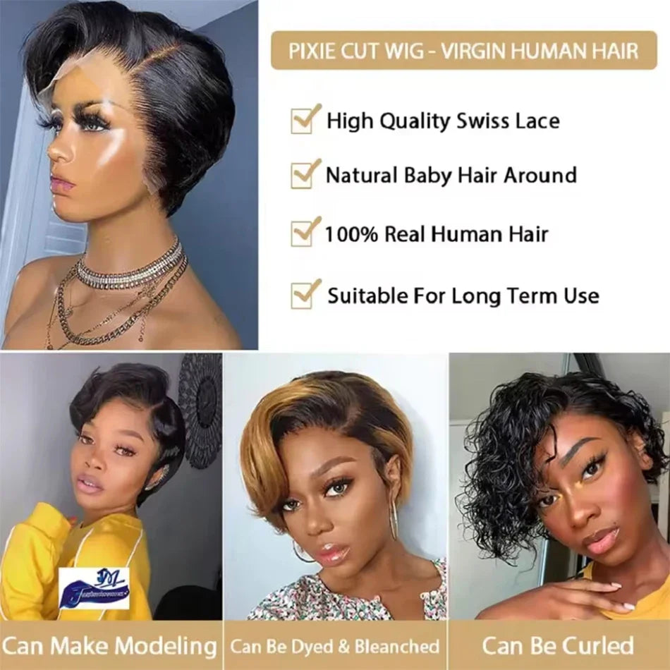 Short Pixie Cut Straight Bob Wig 13x4 Lace Front Human Hair Wigs Pre plucked Pixie Cut Transparent Lace For Women #4