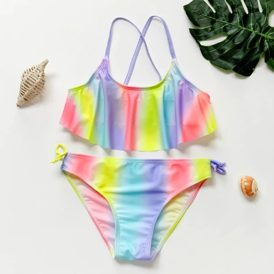 Kids Rainbow Bikini Set – Girls Two-Piece Flounce Swimsuit (Ages 2–10)