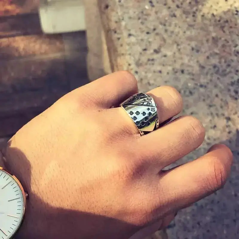 1PCS Aimple And Fashionable Retro Adjustable Poker Card Men's And Women's Antique Silver Ring, Suitable For Daily Party Wear