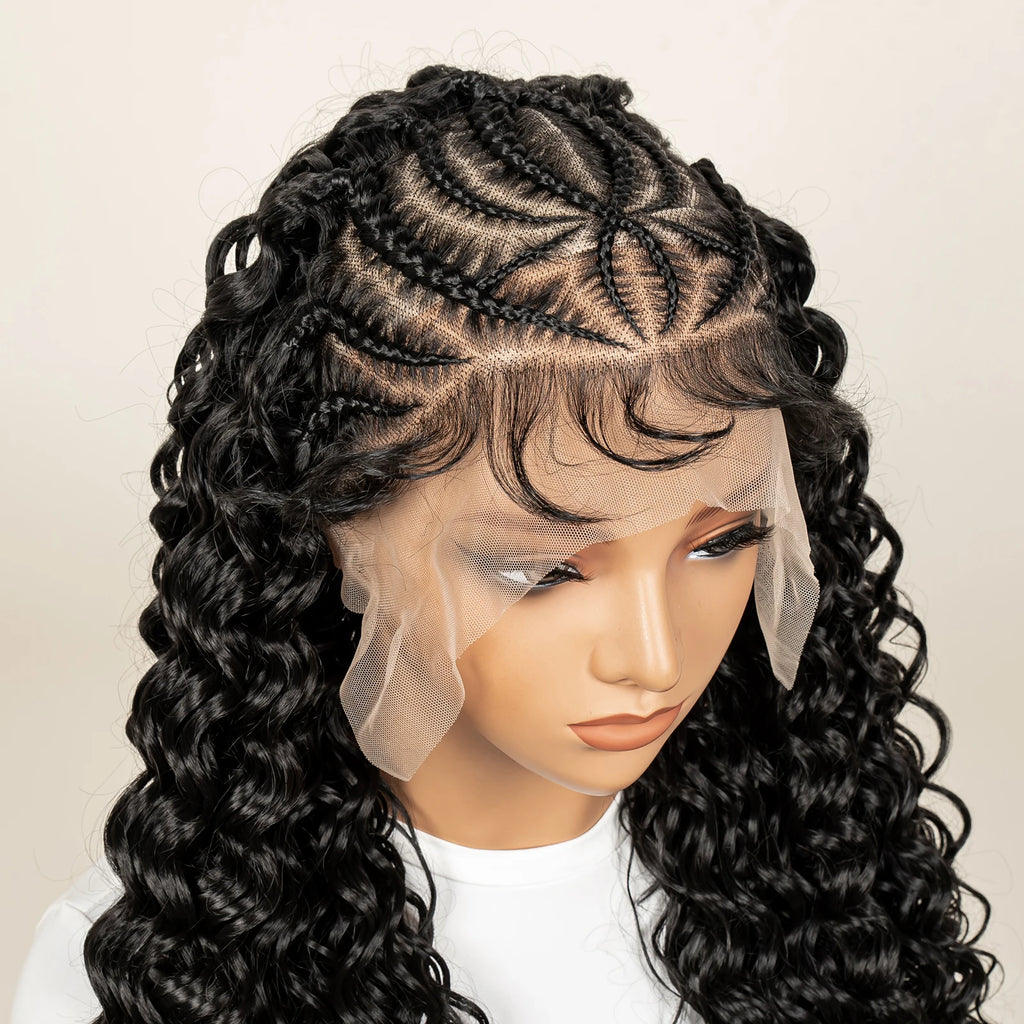 Pre-Styled Deep Wave Braided Wig | Swiss Lace | Baby Hair | Half Cornrow | Women's Braid Wig